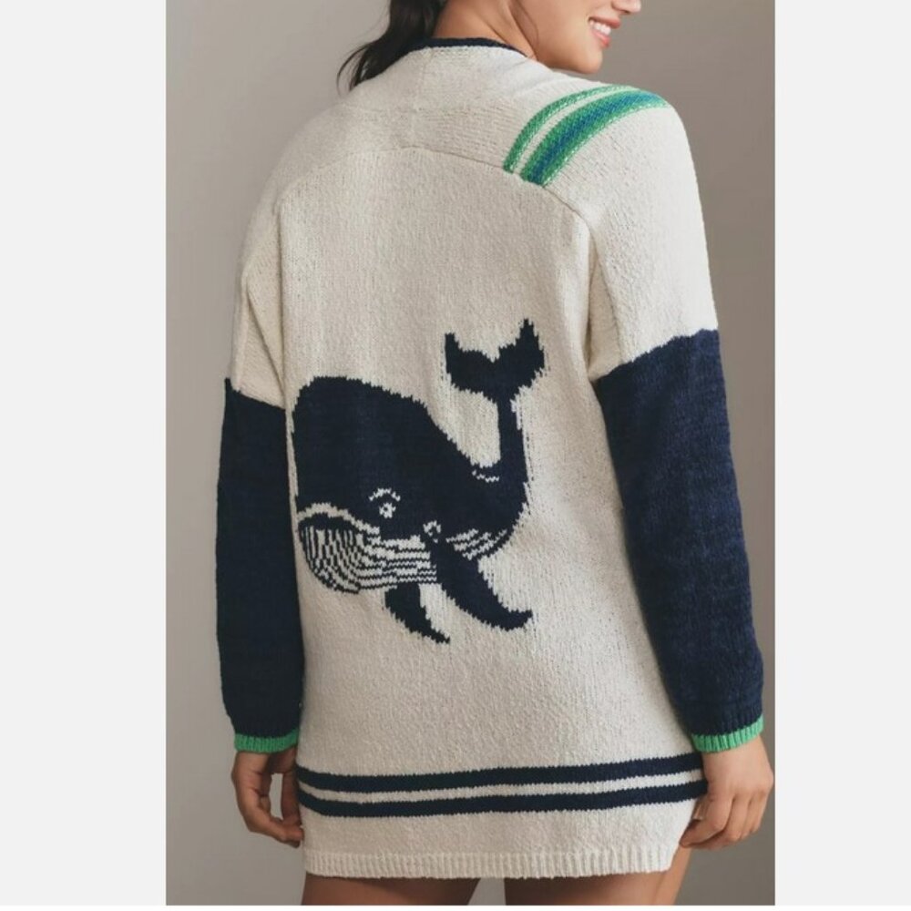 Anthropologie Maeve Nautical Buoy Cardigan Sweater Whale Seahorse 3X NWT Plus - Picture 2 of 10